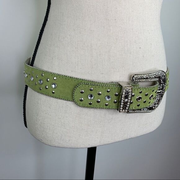 Lime Green Suede Western Belt w/Crystals and Rivets‎ Sz Sm main image 9